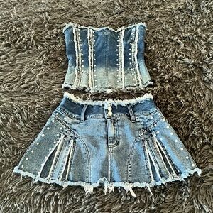 Outcast Bentley Denim Corset Top and Mini Skirt Set